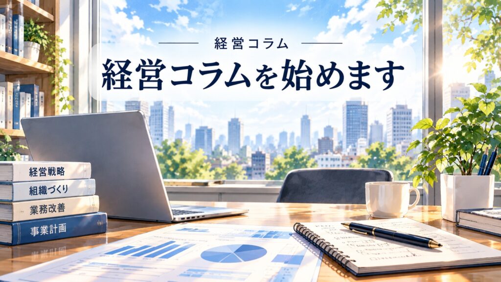 明るいオフィスで経営やITについて考える様子を描いた『経営コラムを始めます』のアイキャッチ
